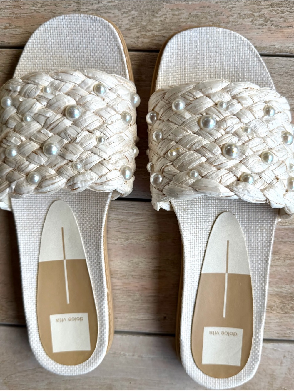 Dolce Vita Ivory Pearl-Embellished Woven Slide Sandals New Without Box